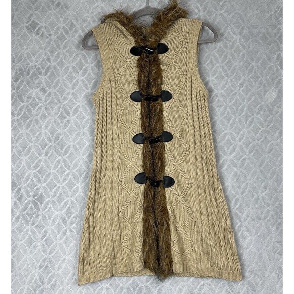 Y2K Hooded Sweater Vest Womens Small Tan Faux Fur Trim Toggle Chunky Penny Lane - Picture 2 of 11